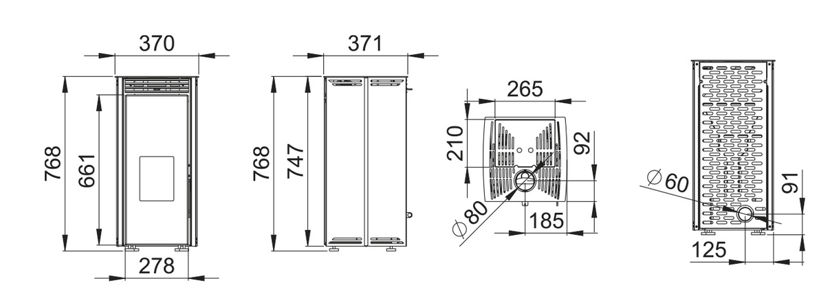 Dimensions du poêle BRONPI Free 6 Schéma du poêle à granulés sans électricité 6 kW