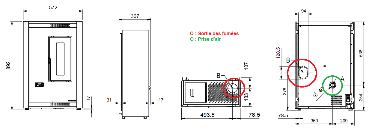 Schéma du poêle à granulés extra plat Luisella 5.0