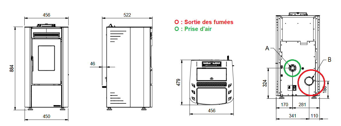 Dimensions du poêle EXTRAFLAME Ketty 5.0 Schéma du poêle à granulés EXTRAFLAME Ketty 5.0