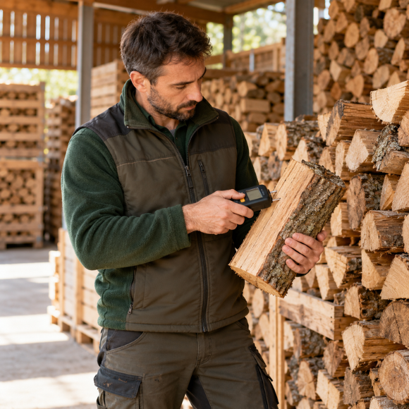 Professionnel contrôlant la qualité du bois de chauffage